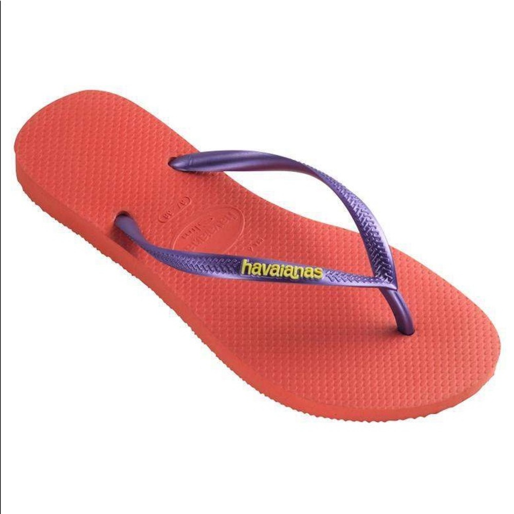 HAVAIANAS SLIMS Logo Pop-Up Flip Flops - Salmon w/Purple Thong Straps